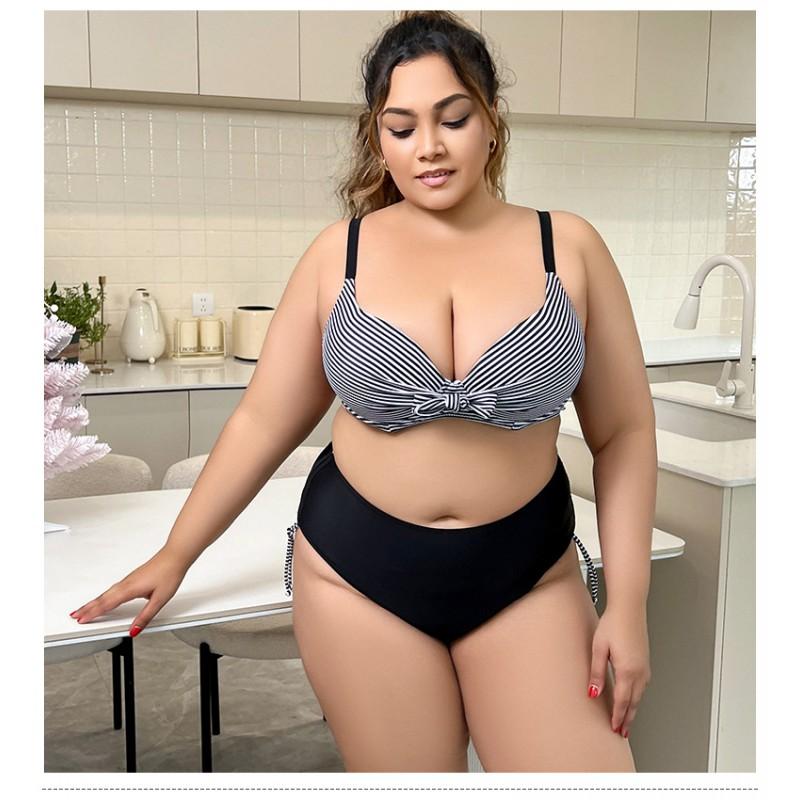 Plus Size Womens Striped High-Waisted Triangle Bikini Set With Underwire Padding