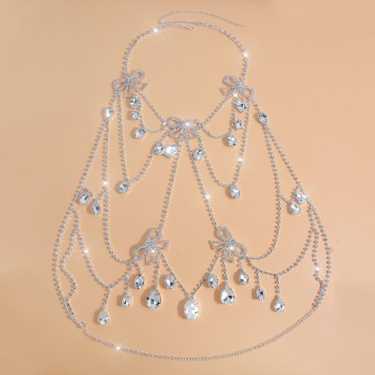 Fashionable Rhinestones Layered Chest Jewelry Trendy Bowknot Design Body Chain Jewelry For Pool Parties Night Event