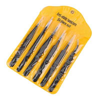 Stainless Steel 6Pcs/Set Industrial Repair Tweezers Precision Curved Straight Tip for Watch Jewelry Mobile Phone Electronics Tweezers Set Anti Static