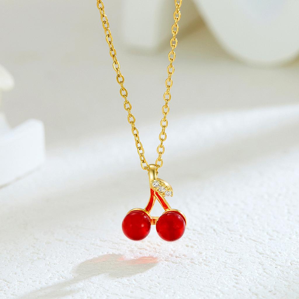 New Sweet and Cute Dripping Oil Strawberry Cherry Titanium Steel Necklace Female Simple Versatile Fruit Series Collarbone Chain