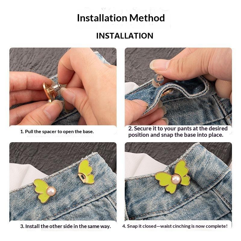2Pcs Pearl Butterfly Adjustable Pant Waist Tightener Jeans Alloy Button No Sewing Required Easy To Install Accessory Pins