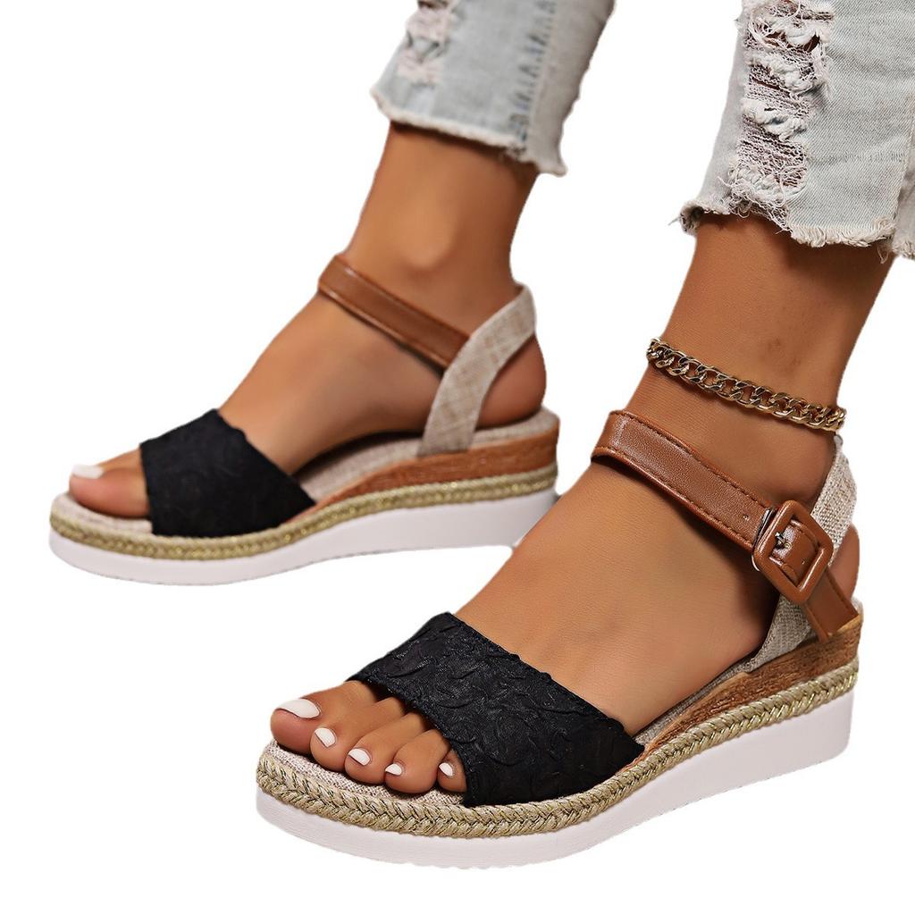 European and American Foreign Trade Large Size Slope Heel Fish Mouth Sandals Women's Summer New Buckle Outer Wear Beach Sandals Women