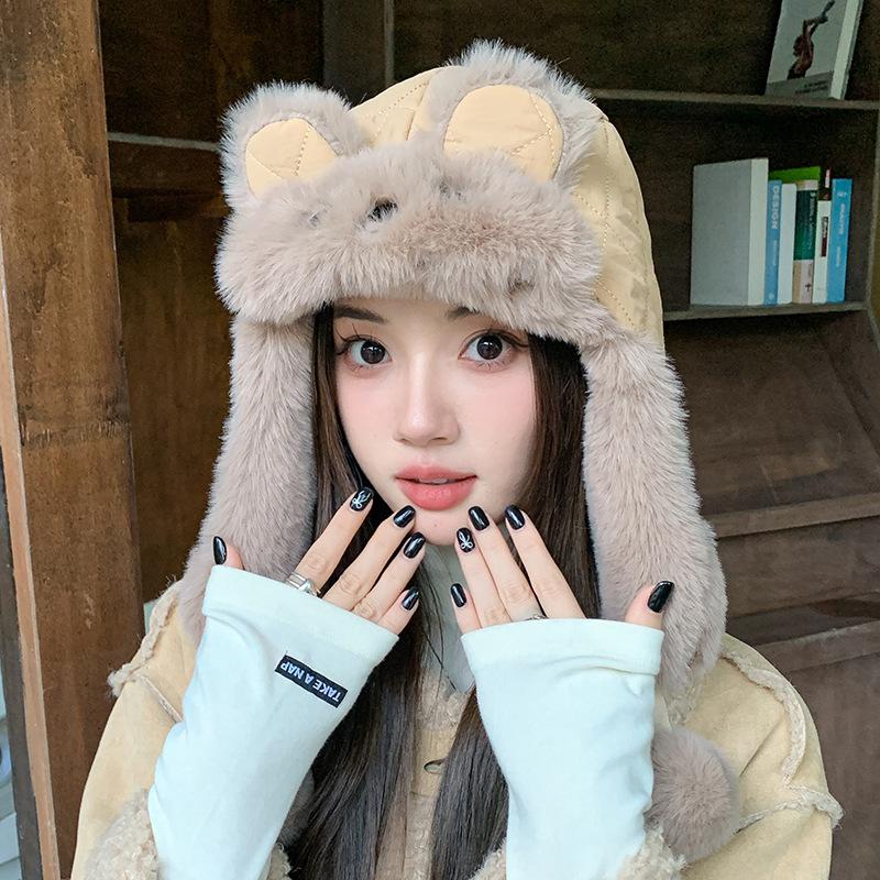 Cute Cartoon Warm Ear Protection Hat Face Enhancing Small Hat Windproof Hood for Girls