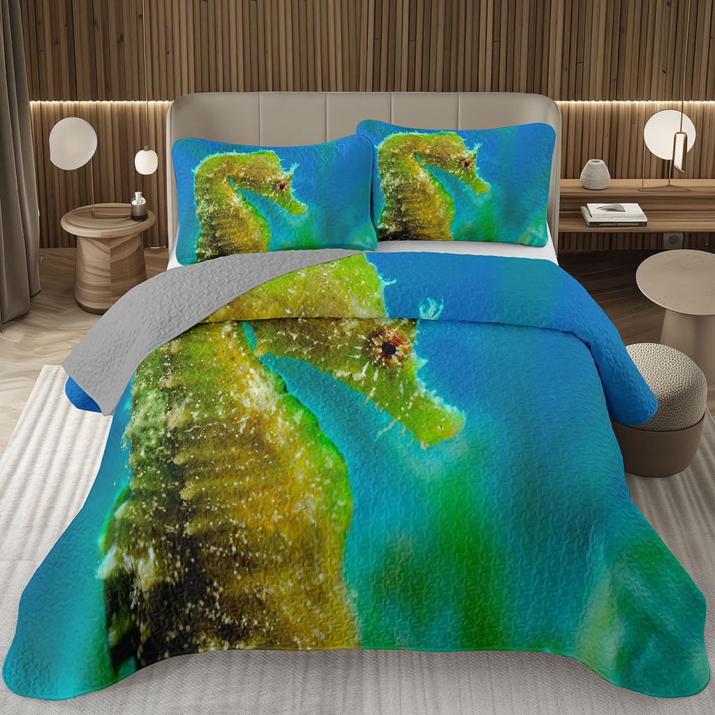 Comforter Seahorse Queen Size 3D Seahorse Printed Bedding Set Ocean Animal Quilted Marine Mediterranean Style Bed