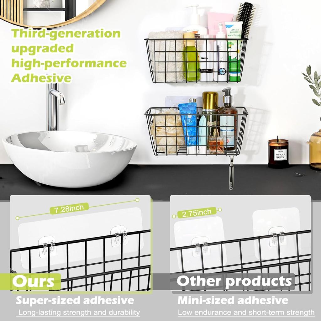 2 Pack Hanging Kitchen Baskets, Adhesive Wire Wall Storage Basket, No Drilling Hanging Fruit Baskets, Cabinet Door Organizer for Kitchen Bathroom