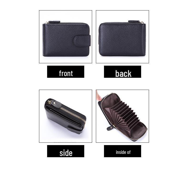 RFID Anti-Theft Cowhide Accordion Card & ID Holder with Zipper