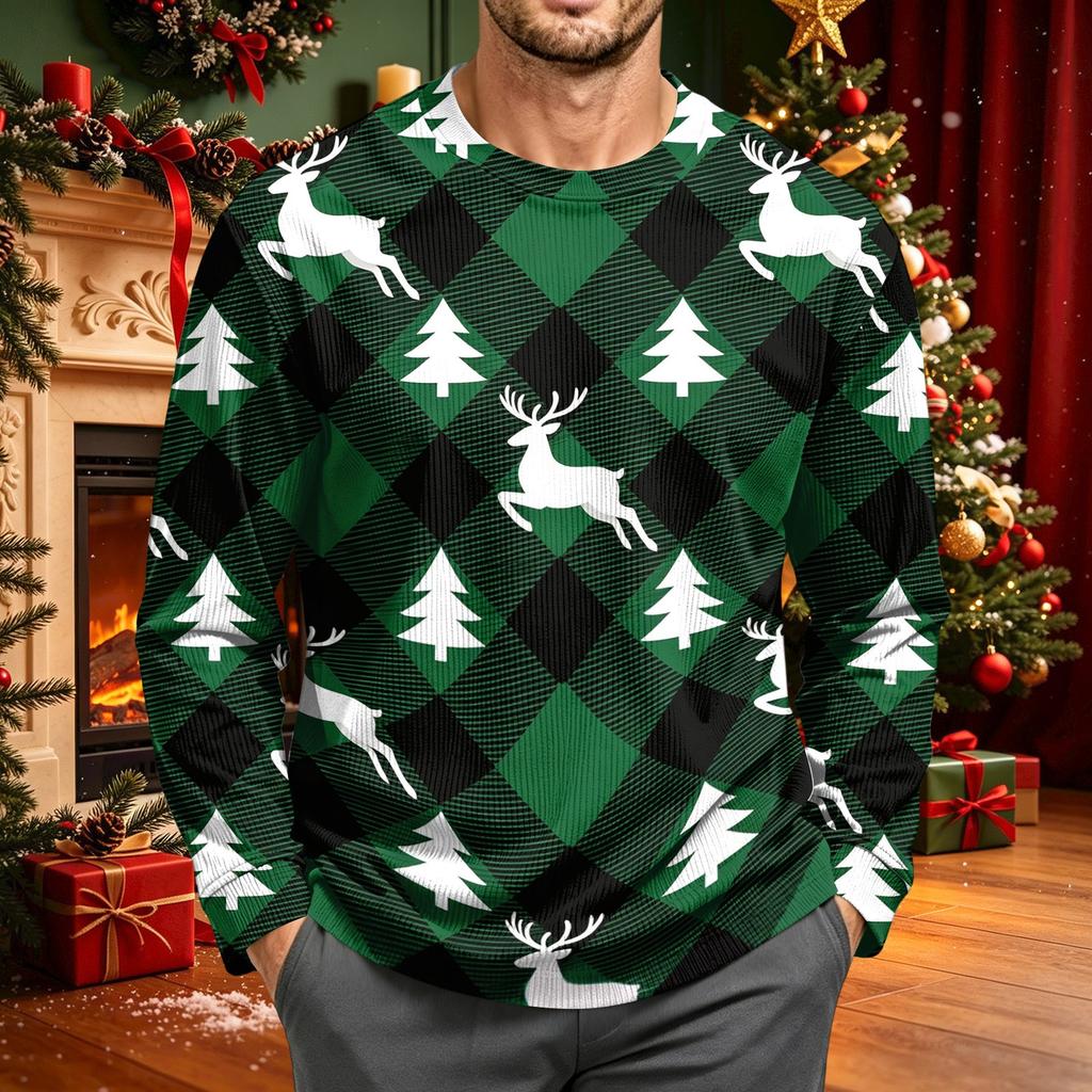 Men's Corduroy Long Sleeve Neck Shirt with Christmas Print Holiday Party Top