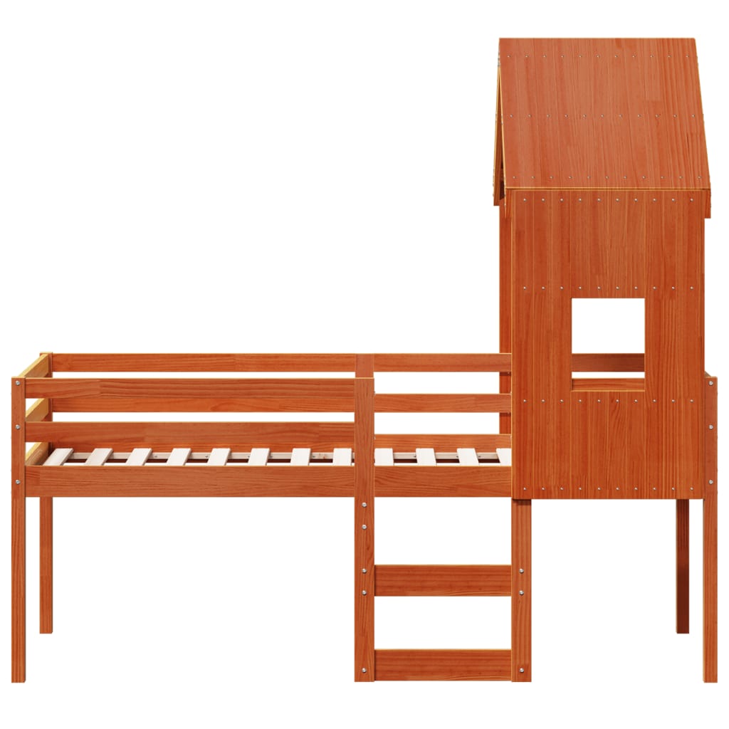High Bed with Roof Wax Brown 90x200 cm Solid Pine Wood