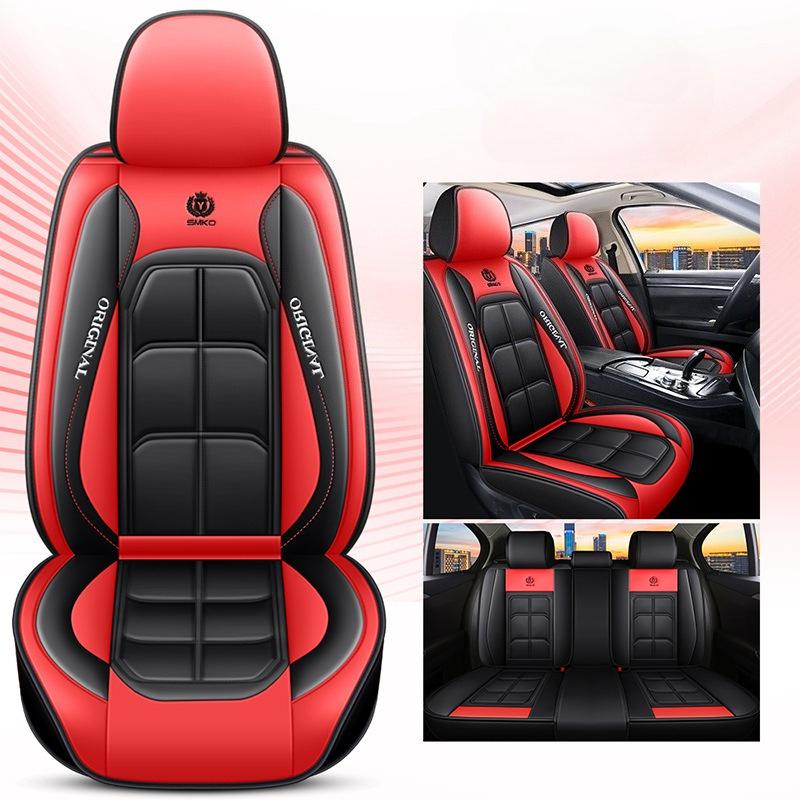Housses de siège de voiture luxueuses entièrement en similicuir avec support lombaire ergonomique - Convient à la plupart des voitures 5 places, avec noir et surpiqûres rouges