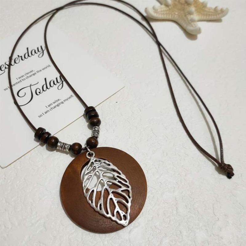 Retro Cotton and Linen Accessories Ethnic Style Wooden Long Women s Sweater Chain Alloy Leaf Necklace