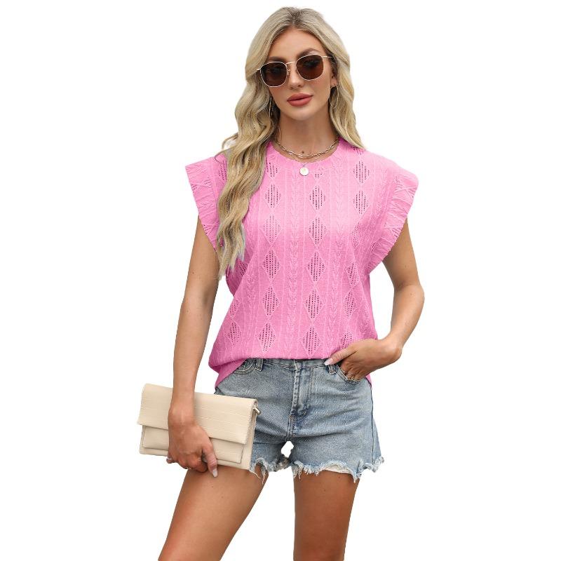 Magliette e canotte in jacquard a maniche corte e scollo rotondo, nuove da donna, primavera ed estate