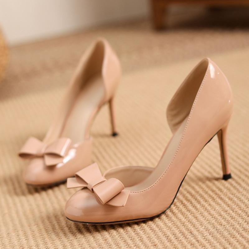 Fashion Nude Patent Leather Butterfly Knot Brand Pumps Women Fashion Round Toe Shallow Thin Heel Designer Shoes Elegant Party Dress Shoe