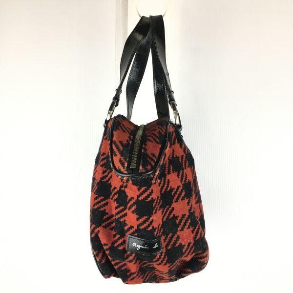 agnes b Mini Boston Handbag Red x Black Check Fabric Women’s Vintage Style(USED)