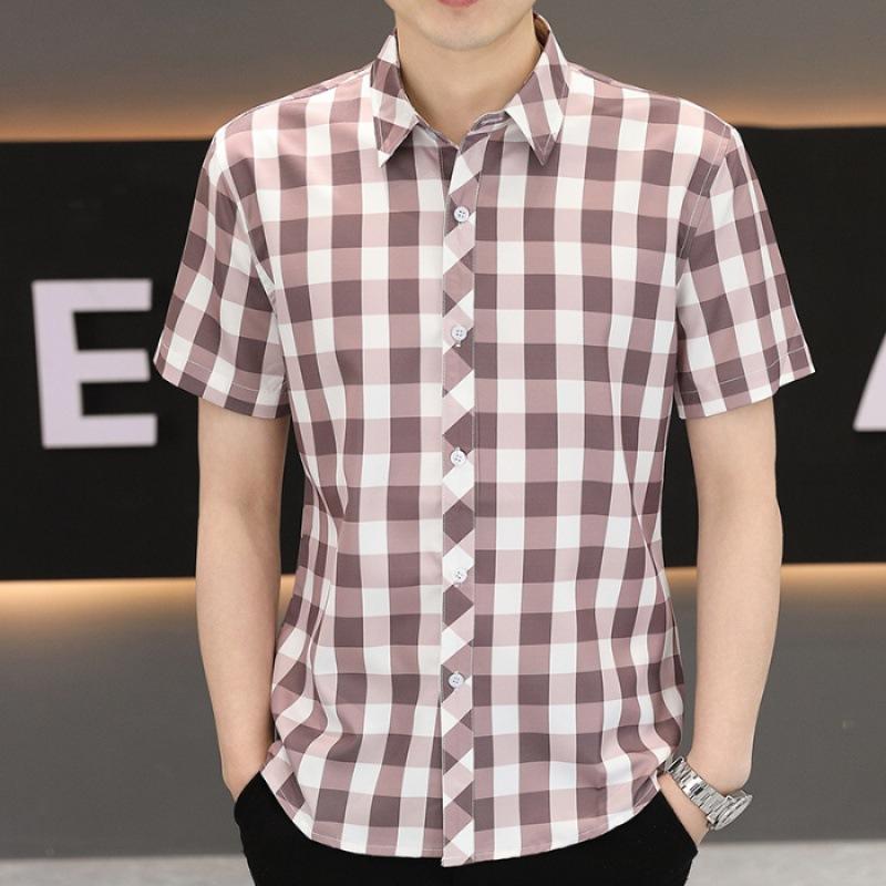 Summer Short-sleeved Shirt Men's Plaid Shirt Workwear Gangster Handsome Men's Ice Silk Casual Inch Shirt Tops