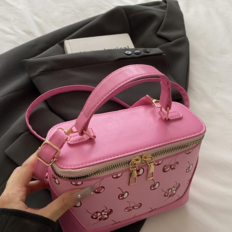Chic Small Square PU Bag with Cherry Design Women's Trendy Crossbody Bag Sophisticate Commuter Handbag