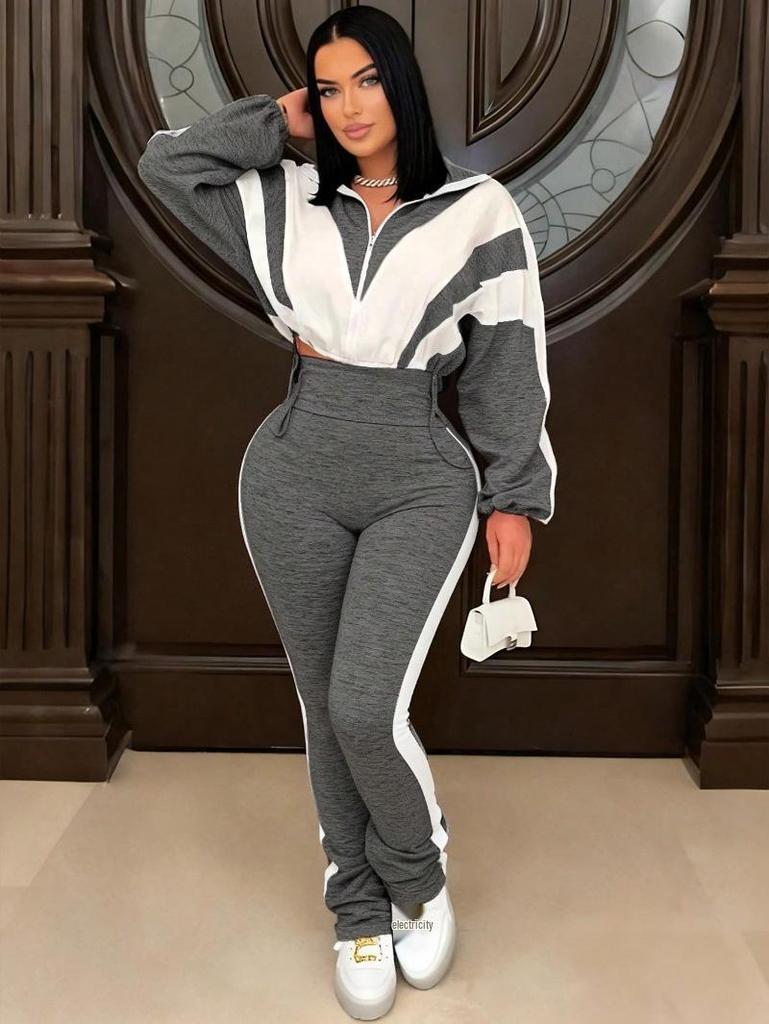 2025 European Style Color Block Sportswear Set: Stylish High-Waisted Long Pants & Casual Patchwork Two-Piece Ensemble.