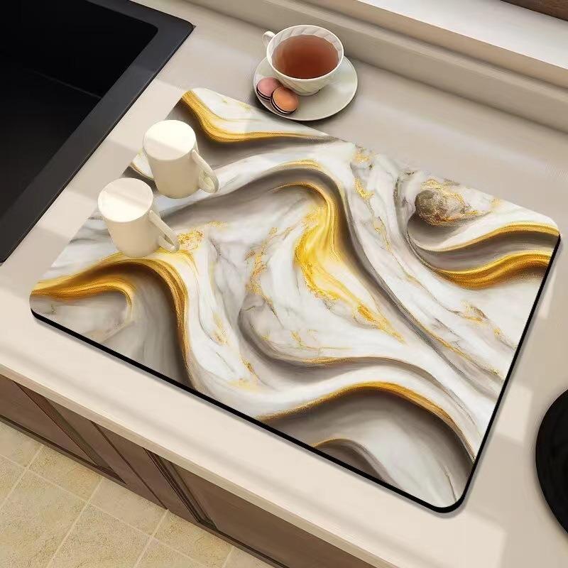 Marble Print Super Absorbent Kitchen Mat Drying Mat Quick Dry Drain Pad Tableware Mat Non-slip Dinnerware Coffee Placemat
