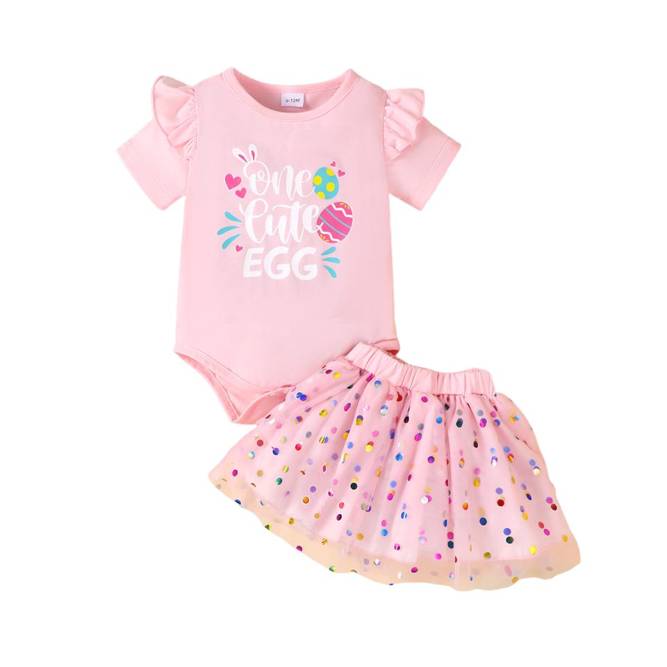 Fashion Summer Baby Girl 2PCS Outfit Set Cute Egg Print Ruffle Sleeve Bodysuit+Tulle Tutu Skirt for 0-2Y Toddler Casual Clothes 1-3M розовый