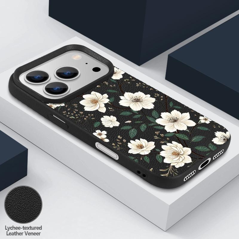 For iPhone 18 Pro Max Case White Flowers Print Leather Texture Silicone Cover For iPhone 17 16 15 14 13 Pro Max 16E 17E