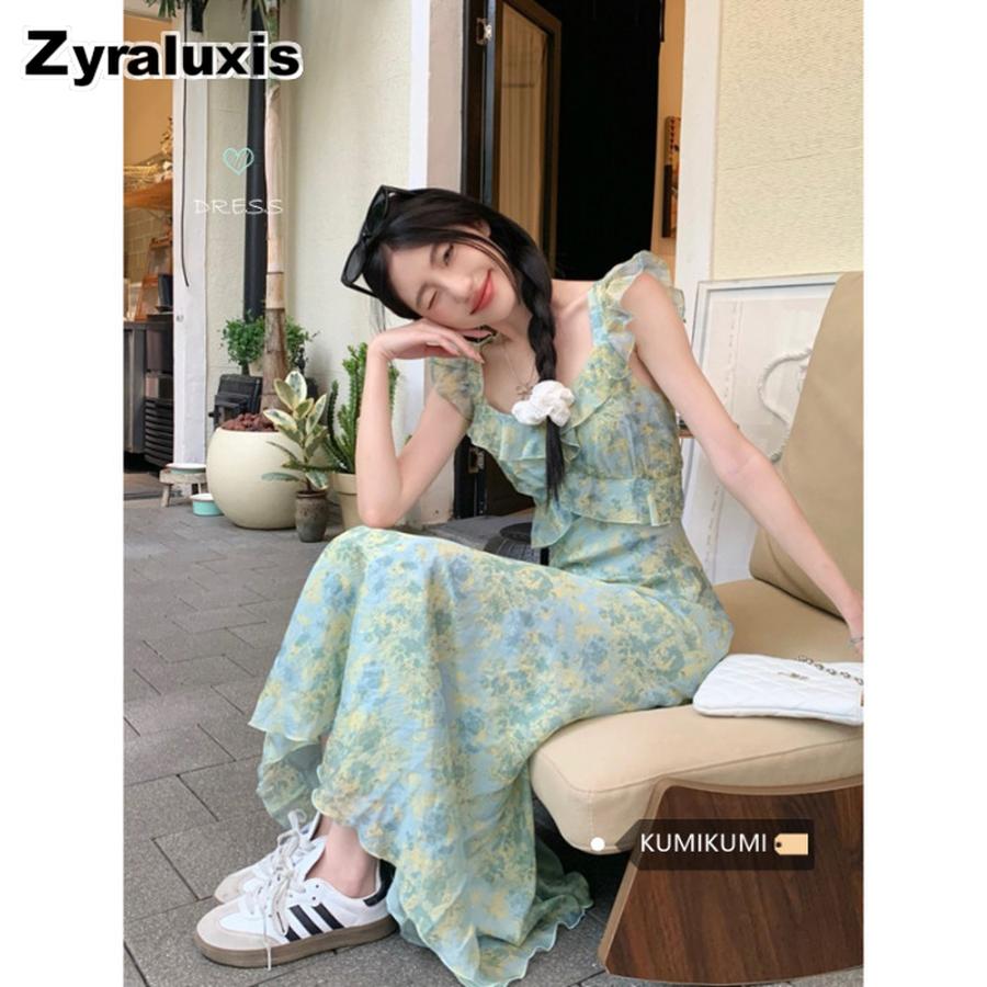 Layered Floral V-Neck Ruffled Edge Slim Fit One Piece Dress S зелёный
