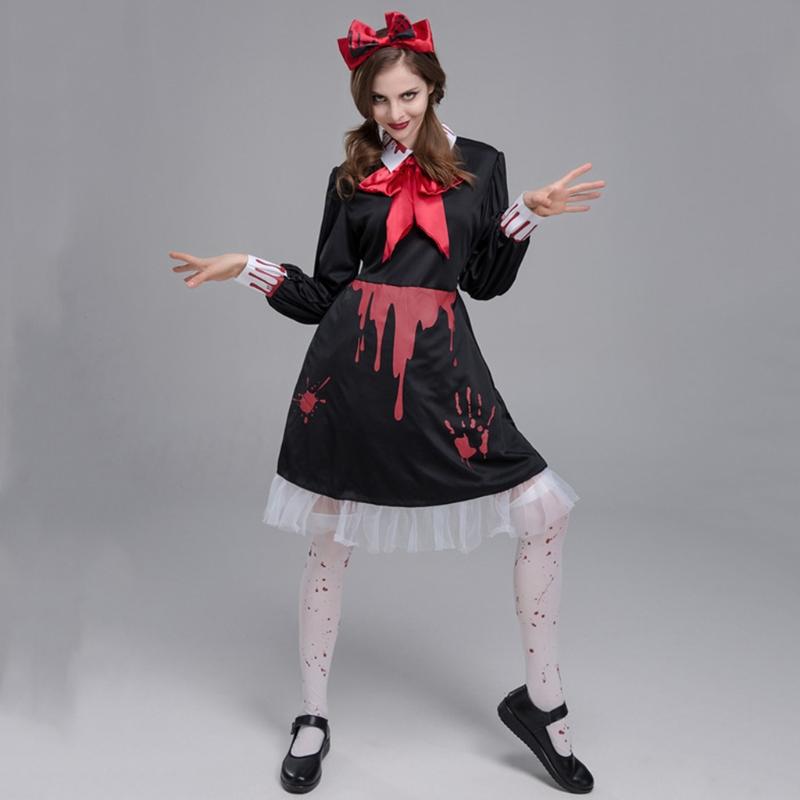 Adult Bloody Zombie Ghost for Doll Dress Bow Headpiece Set Cosplay Costume Women Halloween Role Pretend for Play Party O