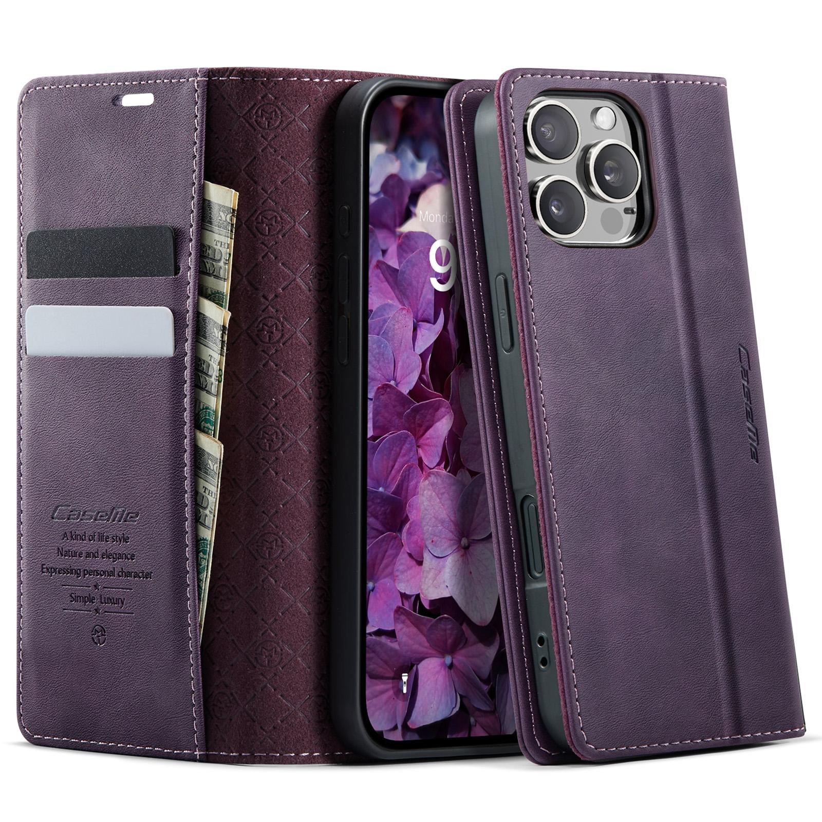 

For iPhone 16 Pro Case CASEME 033 Series RFID Blocking Wallet Stand Calf Texture Leather Phone Cover Purple