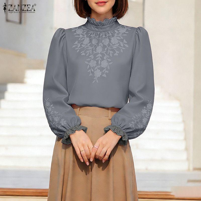 ZANZEA Women Casual Stand Collar Long Sleeve Print Blouse