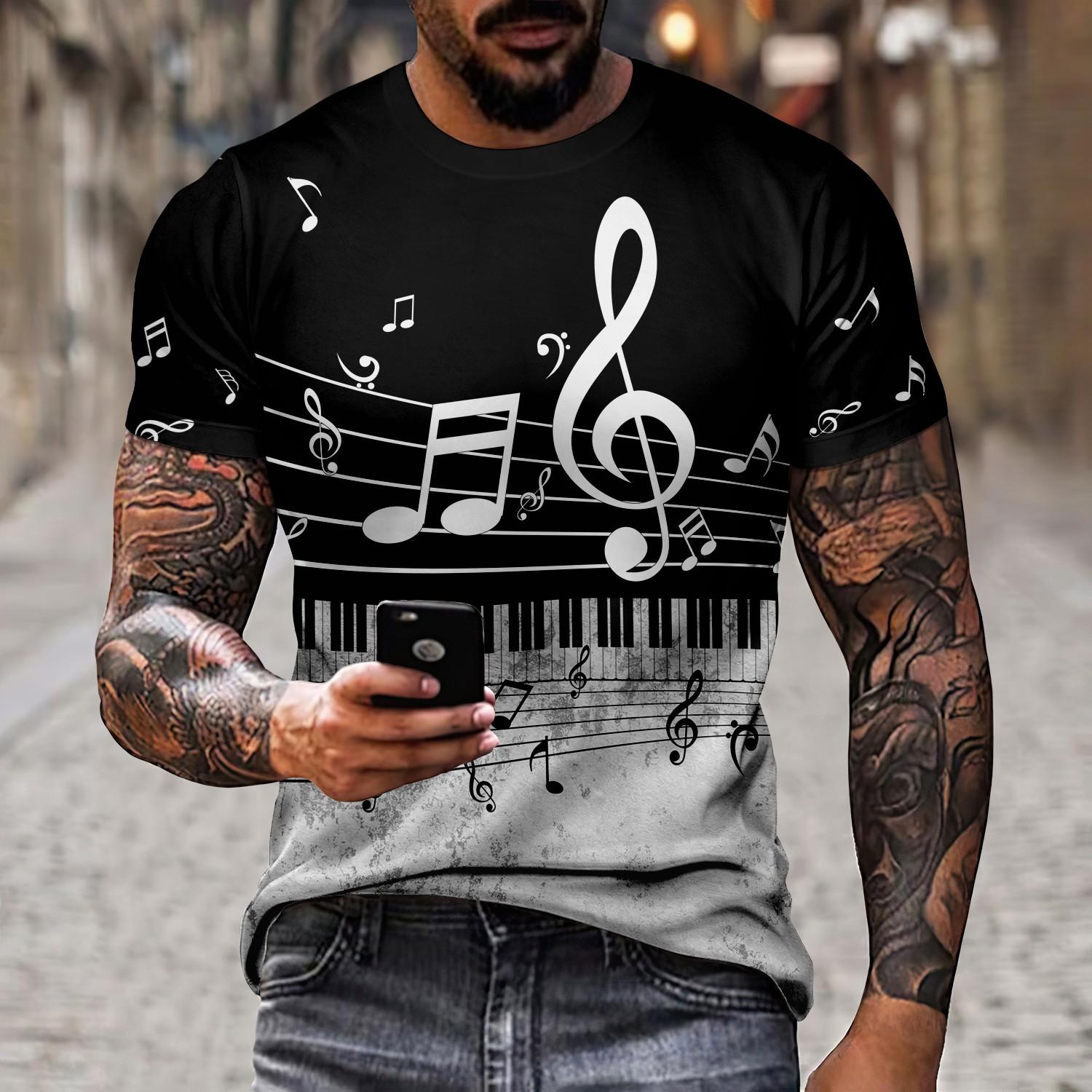 Neues T-Shirt für Herren mit 3D-Aufdruck auf Instrumenten und Musiksymbolen, Kunst, Party, Rundhalsausschnitt, Sommer, lässiges Kurzarmoberteil aus Polyester 2XL gray