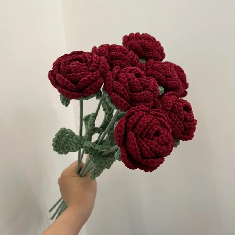 2 Stück Moderne Eleganz Simulationsblume Heimdekoration Esstisch Gestrickte Rose Einzelner Strauß Hochzeit Kunstblume