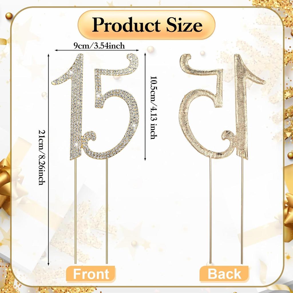 1 PCS Gold 15 Cake Topper Number 15 Cake Decoration Gold Rhinestone Cakes Toppers Decoration Crystal Happy 15th Birthday Cakes Sparkly Bling Alloy