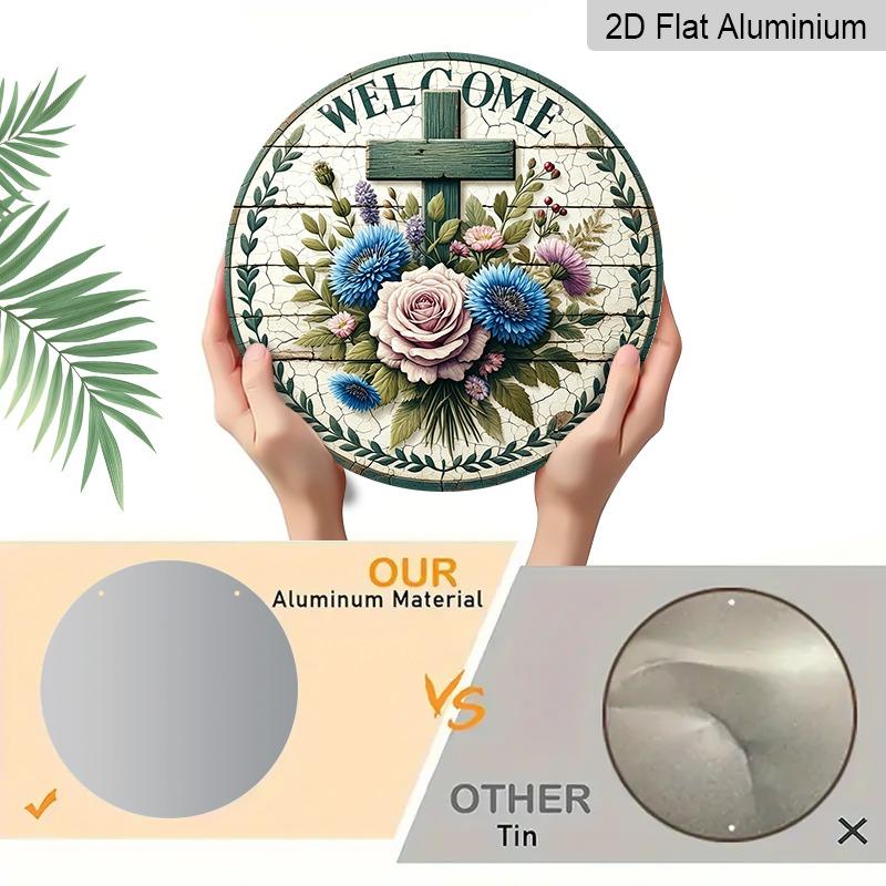 2D Flat Christian Cross Floral Welcome Doorplate, Aluminum Decorative Sign and Plaque, Various Sizes. Country Farmhouse Hanging Door Decoration