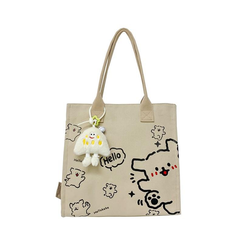 

Холщовая сумка на одно плечо, женская сумка для репетиторства, текстурированная сумка-тоут большой вместимости для средней и старшей школы, милая мультяшная хаки