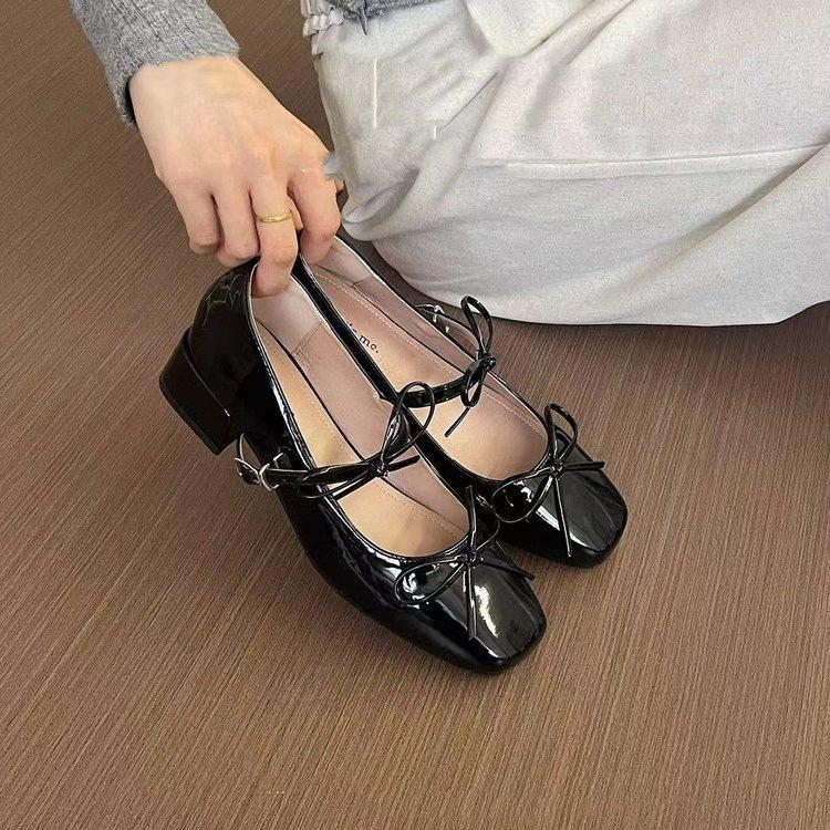 French silver bow ballet women's shoes 2025 new square head thick heel Mary Jane shoes temperament fashion shoes