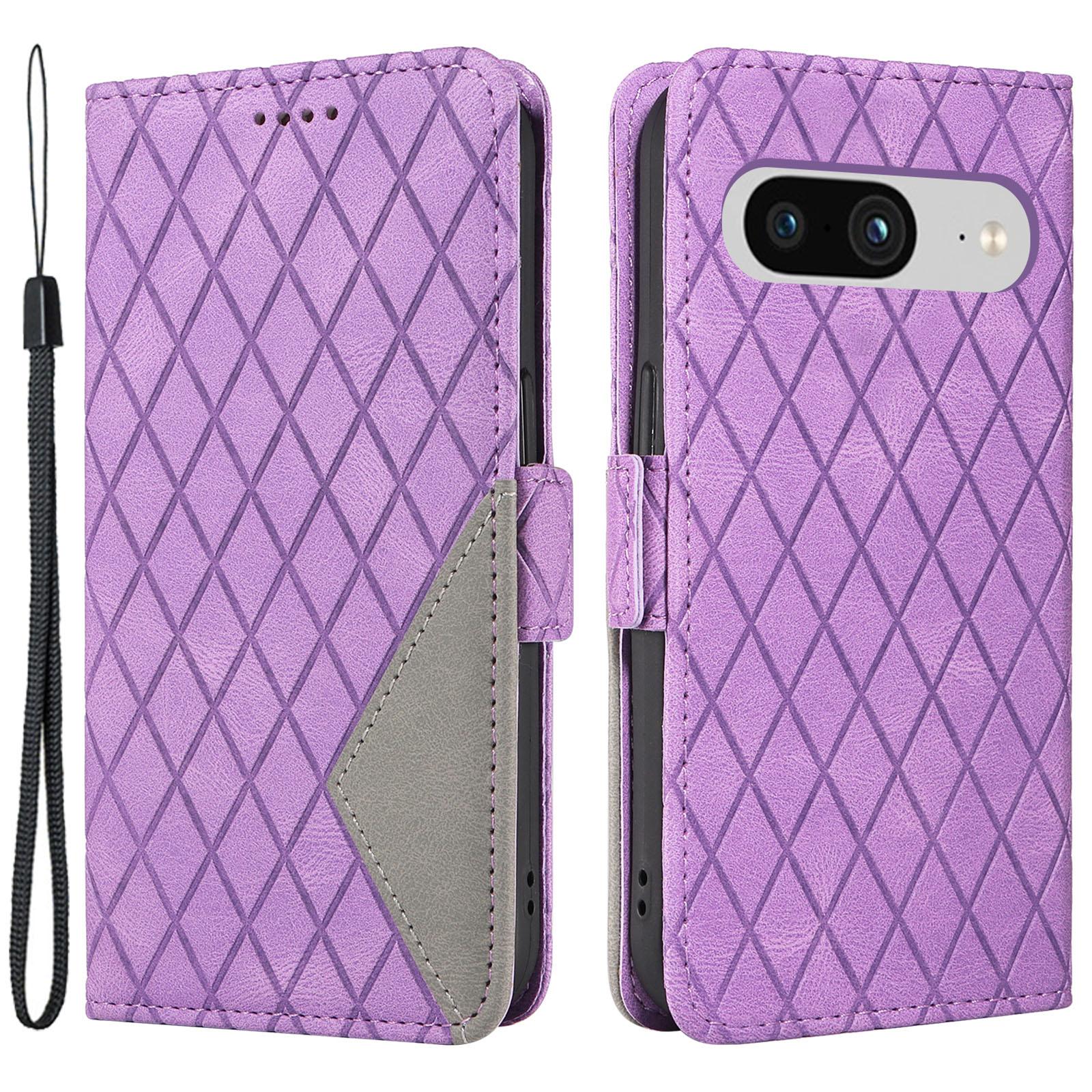 

For Google Pixel 8 Rhombus Imprinted Phone Wallet Case PU Leather Stand Phone Cover Purple