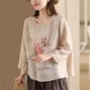 Vintage Floral Print Bandage Tops Women Blouses Chinese Style Seven Sleeve Spring Loose Shirts