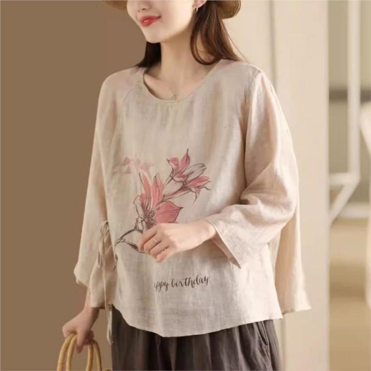 Vintage Floral Print Bandage Tops Women Blouses Chinese Style Seven Sleeve Spring Loose Shirts
