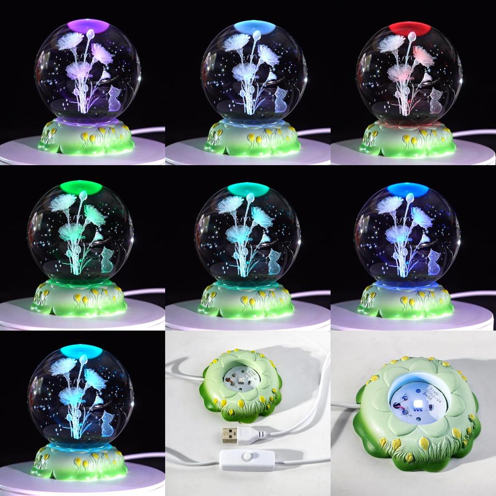 K9 Crystal Ball with Cute Cat and Carnation Bouquet, LED Light Base, Birthday Gift for Mom, Gift for Women, Mother's Day Gift