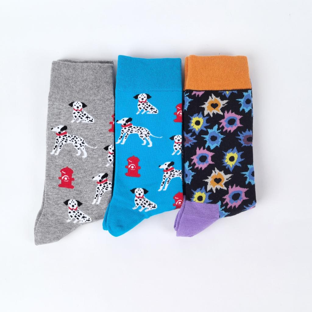 1 Pair of Cotton Blend Fashionable  Mid-calf Socks Spotted Dog Colorful Fireworks Pattern Comfortable Wearing In All Seasons