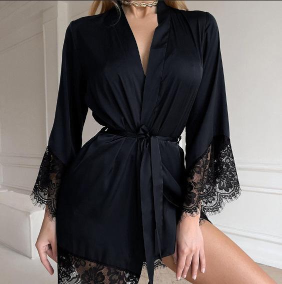 1011 spring popular satin sexy lace long-sleeved nightgown loungewear simple and comfortable casual approval