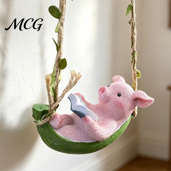 Balcony Decor Hanging Resin Pig Figurine, Cute Piggy Lying in Hammock Reading Animal Art Book Ornament, Waterproof Sculpture for Indoor Outdoor