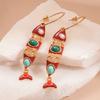 Ethnic Red Enamel Fish Tassel C Shaped Long Hoop Earrings For Women Alloy Casual Party Jewelry Gift
