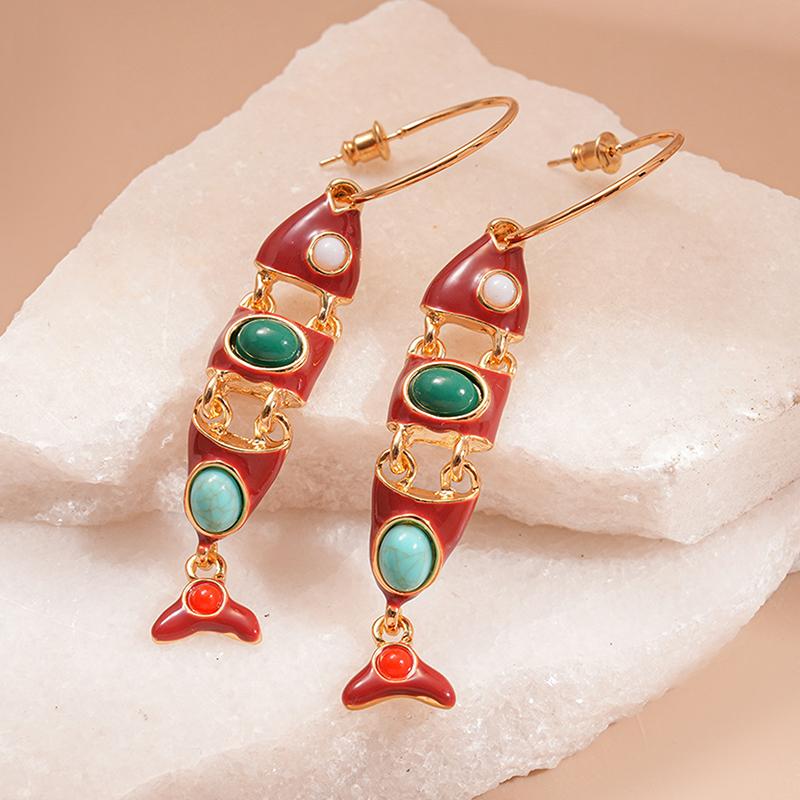 Ethnic Red Enamel Fish Tassel C Shaped Long Hoop Earrings For Women Alloy Casual Party Jewelry Gift