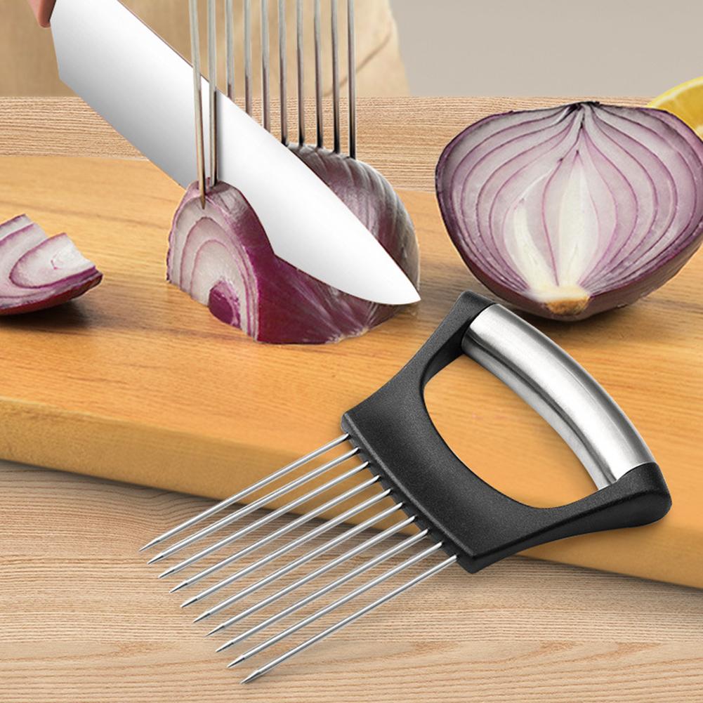 1pc Stainless Steel Onion Slicer Tool Portable Kitchen Potato Chip Onion Holder For Vegetables & Meat