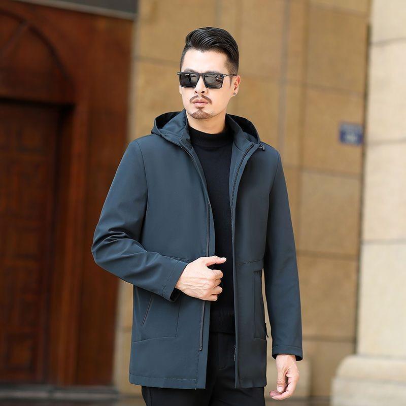 

Мужская ветровка средней длины, повседневная куртка для весны и осени, ретро-куртка с капюшоном 195 темно-синий