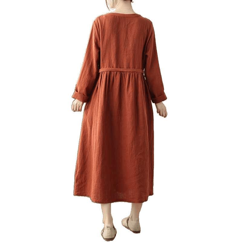 Spring Cotton and Linen Long-sleeved Dress Literary National Style Washed Lace-up Thin Brick Red Women's Dress