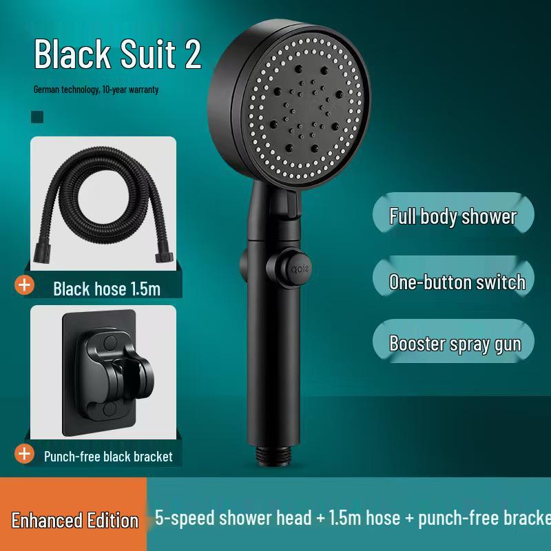 Five-Speed Frosted Black Shower Head & Booster Hose Set
