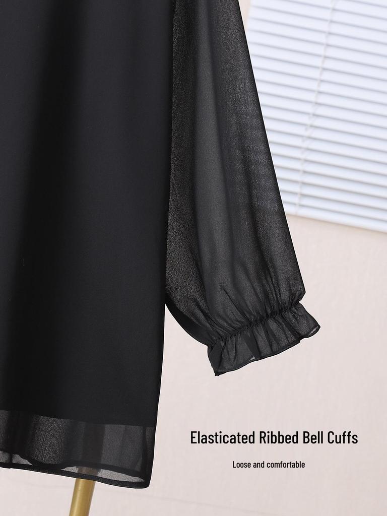 Camicia da Donna Taglie Forti in Chiffon a Maniche Lunghe con Maniche a Campana – Top Lento alla Moda per la Primavera
