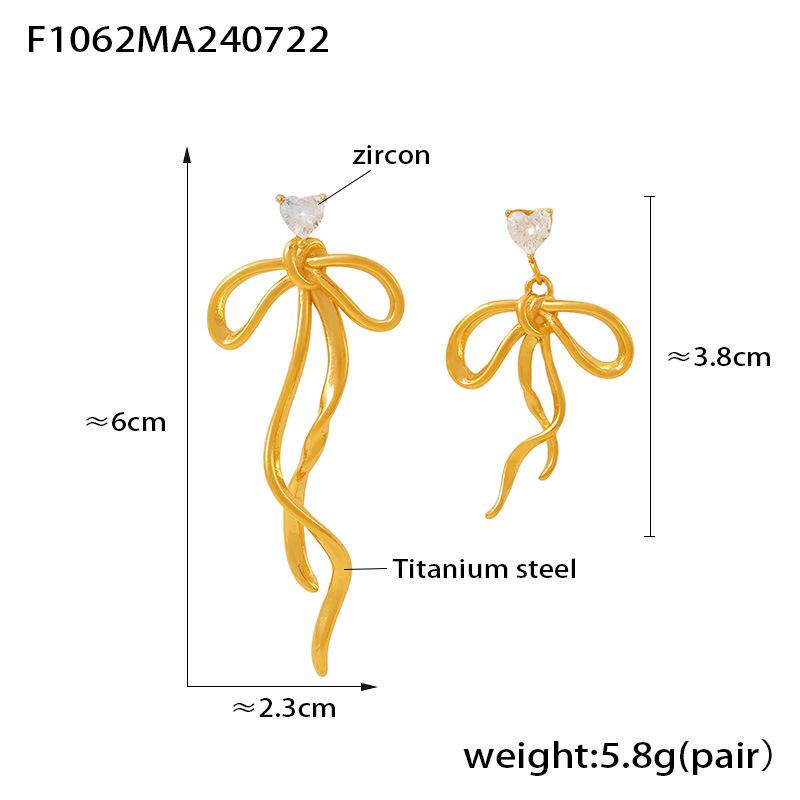 

Chic Zircon Ribbon Bow Tassel Earrings: Asymmetric Titanium Steel Design for Women