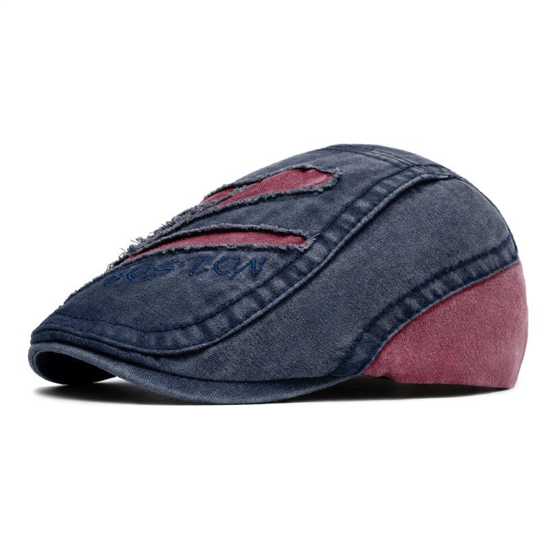 Men's Forward Hat Color Block British Vintage Beret Sun Hat Letter Embroidered Cap