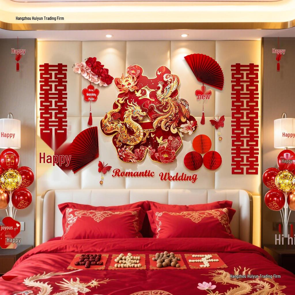 3D Dragon & Phoenix Double Happiness Wedding Decoration for Bedroom or Sofa Wall